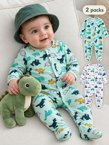 Newborn Long Sleeve Footed Rompers, Cute Dinosaur Car Truck Pattern, White Blue Dark Green Light Fashionable 2-Piece Set, Home Wear, Best Gift Fall - Multicolor - View 4