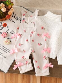 SHEIN Playful Pals 女嬰燈芯絨吊帶褲，淺粉色蝴蝶結裝飾，寬鬆直筒褲腿，柔軟舒適，四季適用家庭親子款洗禮秋季穿搭 - 杏色 - 查看 4