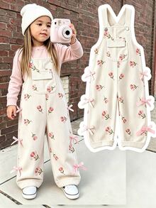 SHEIN Playful Pals 女嬰燈芯絨吊帶褲，淺粉色蝴蝶結裝飾，寬鬆直筒褲腿，柔軟舒適，四季適用家庭親子款洗禮秋季穿搭 - 杏色 - 查看 1
