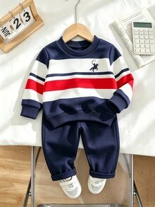 Souflis Souflis 2pcs Toddler Boy Sweatshirt + Pants Set Preppy Navy Red Striped Color Block Horse Long Sleeve Round Neck Outdoor Fall Winter Holiday Sporty - Navy Blue - View 3