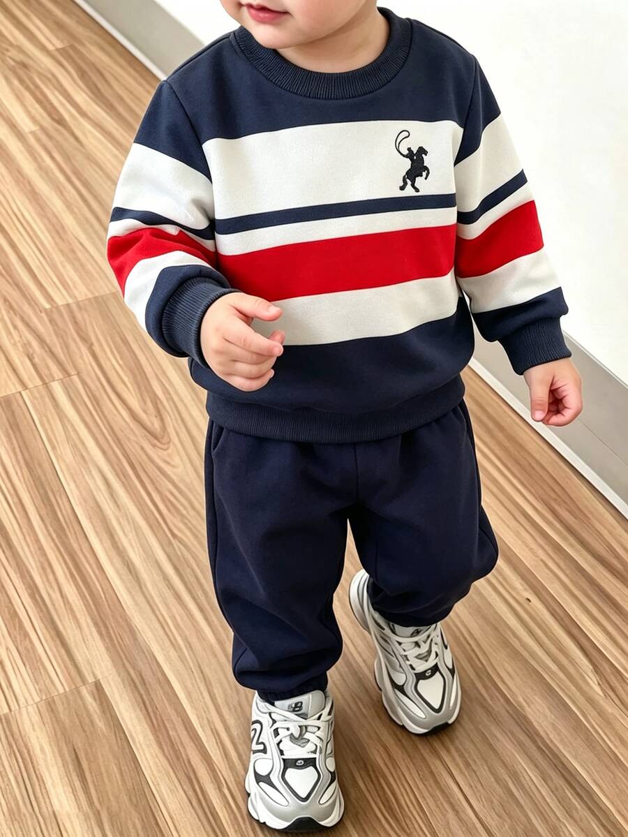 Souflis Souflis 2pcs Toddler Boy Sweatshirt + Pants Set Preppy Navy Red Striped Color Block Horse Long Sleeve Round Neck Outdoor Fall Winter Holiday Sporty - Navy Blue - View 1