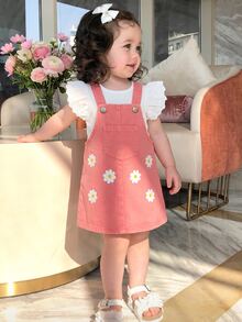 SHEIN Vintaside Kids 2件組女嬰連身裙 可愛珊瑚色雛菊花卉印花 鏤空蕾絲荷葉邊 飛袖圓領 生日派對 秋季假期公主風 羅紋面料 - 粉色 - 查看 4