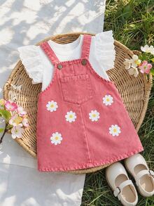SHEIN Vintaside Kids 2件組女嬰連身裙 可愛珊瑚色雛菊花卉印花 鏤空蕾絲荷葉邊 飛袖圓領 生日派對 秋季假期公主風 羅紋面料 - 粉色 - 查看 10