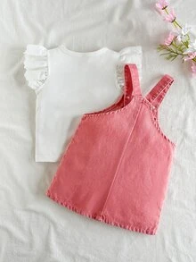 SHEIN Vintaside Kids 2件組女嬰連身裙 可愛珊瑚色雛菊花卉印花 鏤空蕾絲荷葉邊 飛袖圓領 生日派對 秋季假期公主風 羅紋面料 - 粉色 - 查看 2