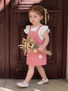 SHEIN Vintaside Kids 2件組女嬰連身裙 可愛珊瑚色雛菊花卉印花 鏤空蕾絲荷葉邊 飛袖圓領 生日派對 秋季假期公主風 羅紋面料 - 粉色 - 查看 1