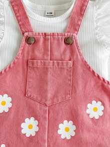 SHEIN Vintaside Kids 2件組女嬰連身裙 可愛珊瑚色雛菊花卉印花 鏤空蕾絲荷葉邊 飛袖圓領 生日派對 秋季假期公主風 羅紋面料 - 粉色 - 查看 8