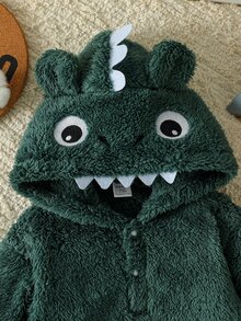 SHEIN Playful Pals 1件男嬰幼兒連身衣 連帽式 深綠色可愛恐龍刺尖牙齒設計 長袖 加厚 羊羔絨 哈囉威、冬季、秋季、聖誕節適用 - 綠色 - 查看 9