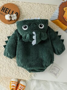 SHEIN Playful Pals 1件男嬰幼兒連身衣 連帽式 深綠色可愛恐龍刺尖牙齒設計 長袖 加厚 羊羔絨 哈囉威、冬季、秋季、聖誕節適用 - 綠色 - 查看 7