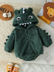 SHEIN Playful Pals 1件男嬰幼兒連身衣 連帽式 深綠色可愛恐龍刺尖牙齒設計 長袖 加厚 羊羔絨 哈囉威、冬季、秋季、聖誕節適用 - 綠色 - 查看 6