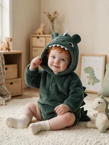 SHEIN Playful Pals 1件男嬰幼兒連身衣 連帽式 深綠色可愛恐龍刺尖牙齒設計 長袖 加厚 羊羔絨 哈囉威、冬季、秋季、聖誕節適用 - 綠色 - 查看 4
