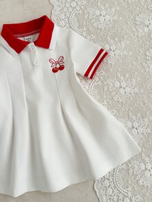 SHEIN Váy bé gái màu đỏ trắng phong cách thường ngày dễ thương, cổ và tay áo bo gân, phù hợp đi chơi, thể thao, tiệc tùng, trường học, kỳ nghỉ, chụp ảnh gia đình mùa hè - Đỏ - Xem 6