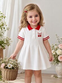 SHEIN Váy bé gái màu đỏ trắng phong cách thường ngày dễ thương, cổ và tay áo bo gân, phù hợp đi chơi, thể thao, tiệc tùng, trường học, kỳ nghỉ, chụp ảnh gia đình mùa hè - Đỏ - Xem 3