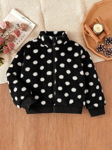 SHEIN Elladie kids 女童新款春夏秋冬甜美可愛棕色波點抓絨拉鍊開襟外套，適合日常休閒、度假，秋季服飾 - 黑色 - 查看 10
