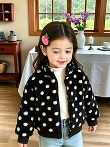 SHEIN Elladie kids 女童新款春夏秋冬甜美可愛棕色波點抓絨拉鍊開襟外套，適合日常休閒、度假，秋季服飾 - 黑色 - 查看 2