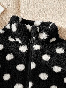 SHEIN Elladie kids 女童新款春夏秋冬甜美可愛棕色波點抓絨拉鍊開襟外套，適合日常休閒、度假，秋季服飾 - 黑色 - 查看 8