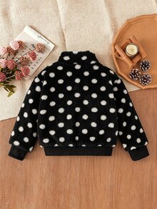 SHEIN Elladie kids 女童新款春夏秋冬甜美可愛棕色波點抓絨拉鍊開襟外套，適合日常休閒、度假，秋季服飾 - 黑色 - 查看 3