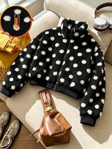 SHEIN Elladie kids 女童新款春夏秋冬甜美可愛棕色波點抓絨拉鍊開襟外套，適合日常休閒、度假，秋季服飾 - 黑色 - 查看 5