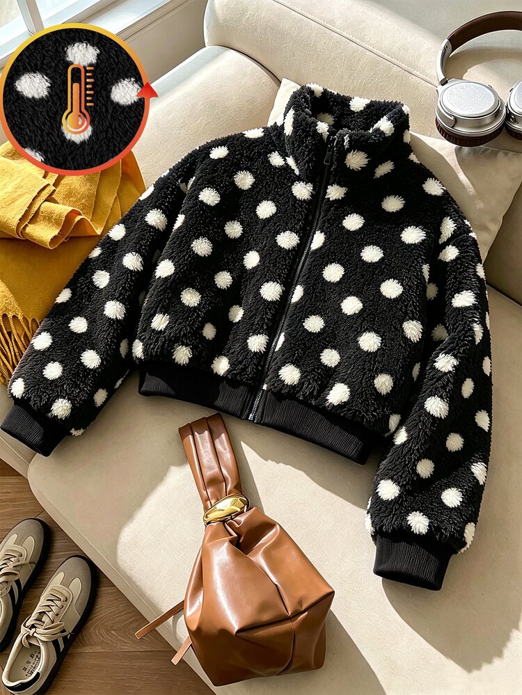 SHEIN Elladie kids Young Girls New Spring/Autumn/Winter Sweet Cute Brown Polka Dot Fleece Zip-Up Cardigan Jacket, Suitable For Daily Casual, Vacation,Fall Clothes - Black - View 4