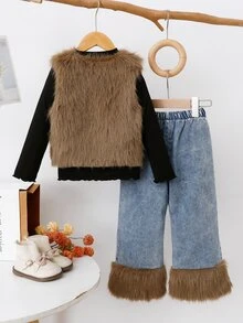 SHEIN Elladie kids Girls' Three Pieces Winter Set: Long-Sleeved Ruffled High-Neck Base Layer Top + Furry Vest + Denim-Panelled Furry Trousers, Autumn-Winter Outfit - Black - View 2