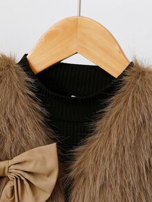 SHEIN Elladie kids Girls' Three Pieces Winter Set: Long-Sleeved Ruffled High-Neck Base Layer Top + Furry Vest + Denim-Panelled Furry Trousers, Autumn-Winter Outfit - Black - View 3