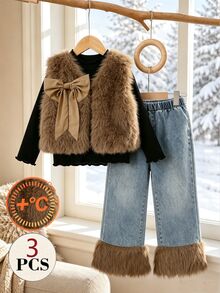 SHEIN Elladie kids Girls' Three Pieces Winter Set: Long-Sleeved Ruffled High-Neck Base Layer Top + Furry Vest + Denim-Panelled Furry Trousers, Autumn-Winter Outfit - Black - View 1