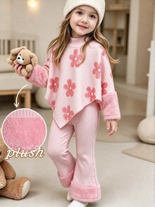 SHEIN Elladie kids 女童 2 件套可愛粉色羅紋針織花卉不對稱上衣喇叭褲 秋季套裝 1 歲生日 7 歲生日 - 粉色 - 查看 4