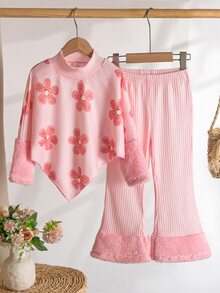 SHEIN Elladie kids 女童 2 件套可愛粉色羅紋針織花卉不對稱上衣喇叭褲 秋季套裝 1 歲生日 7 歲生日 - 粉色 - 查看 5