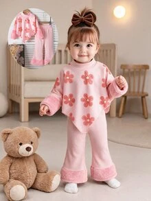 SHEIN Elladie kids 女童 2 件套可愛粉色羅紋針織花卉不對稱上衣喇叭褲 秋季套裝 1 歲生日 7 歲生日 - 粉色 - 查看 1