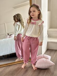 SHEIN Genkimix Kids 2pcs Young Girl Casual Bow Ruffle Cap Sleeve Sweatshirt And Sweatpants Set,Versatile Autumn/Winter Family Matching Summer Outfit - Pink - View 5