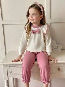 SHEIN Genkimix Kids 2pcs Young Girl Casual Bow Ruffle Cap Sleeve Sweatshirt And Sweatpants Set,Versatile Autumn/Winter Family Matching Summer Outfit - Pink - View 6