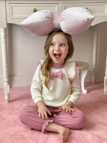 SHEIN Genkimix Kids 2pcs Young Girl Casual Bow Ruffle Cap Sleeve Sweatshirt And Sweatpants Set,Versatile Autumn/Winter Family Matching Summer Outfit - Pink - View 4