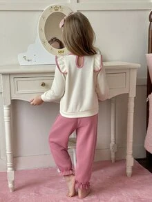SHEIN Genkimix Kids 2pcs Young Girl Casual Bow Ruffle Cap Sleeve Sweatshirt And Sweatpants Set,Versatile Autumn/Winter Family Matching Summer Outfit - Pink - View 3