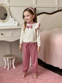 SHEIN Genkimix Kids 2pcs Young Girl Casual Bow Ruffle Cap Sleeve Sweatshirt And Sweatpants Set,Versatile Autumn/Winter Family Matching Summer Outfit - Pink - View 7