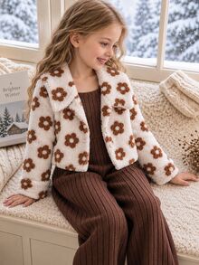 Genkimix Kids Young Girl Long Plush Coffee Brown Floral Large Collar Long Sleeve Jacket Hat Accessory Brown Ribbed Tank Top Jumpsuit Set Autumn,Halloween,Christmas - Brown - View 3