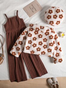 Genkimix Kids Young Girl Long Plush Coffee Brown Floral Large Collar Long Sleeve Jacket Hat Accessory Brown Ribbed Tank Top Jumpsuit Set Autumn,Halloween,Christmas - Brown - View 2