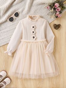 Souflis Young Girls Pink Bow Sweater Dress, Cute Ruffle Round Neck Long Sleeve Knit Dress - Beige - View 8