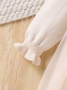 Souflis Young Girls Pink Bow Sweater Dress, Cute Ruffle Round Neck Long Sleeve Knit Dress - Beige - View 5
