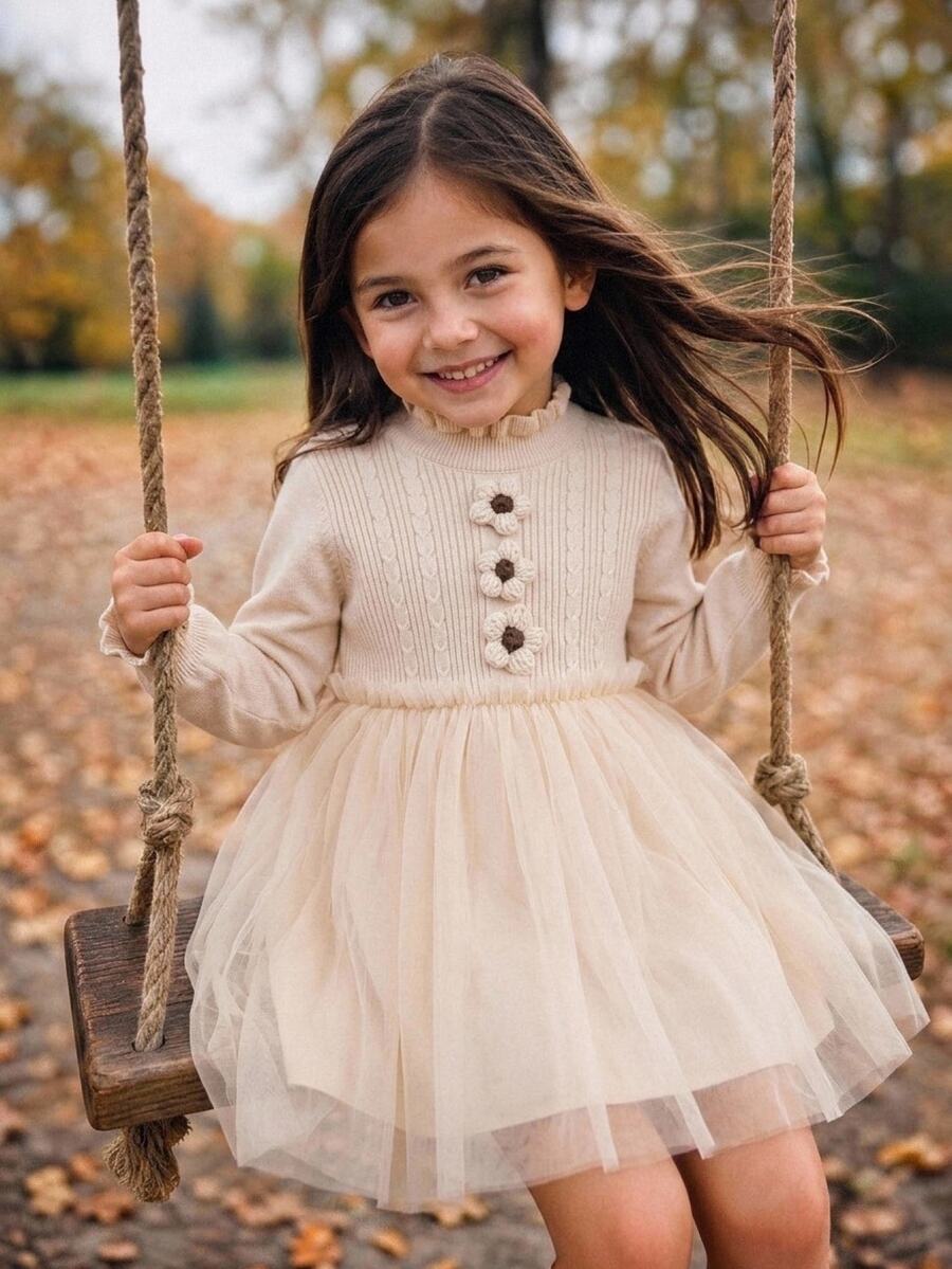 Souflis Young Girls Pink Bow Sweater Dress, Cute Ruffle Round Neck Long Sleeve Knit Dress - Beige - View 1