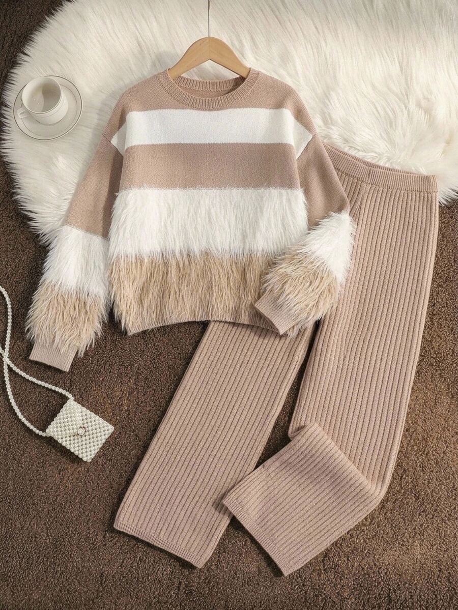 SHEIN 2pcs/Set Autumn/Winter Girls' Round Neck Fuzzy Knit Sweater And Ruffle Hem Long Pants Set - Apricot - View 1