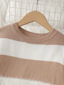 SHEIN 2pcs/Set Autumn/Winter Girls' Round Neck Fuzzy Knit Sweater And Ruffle Hem Long Pants Set - Apricot - View 4
