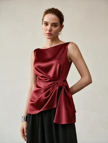 MOTF PREMIUM WOMEN'S SOLID COLOR PLEATED CASUAL VERSATILE DAILY WEAR SHIRT - Red - View 4