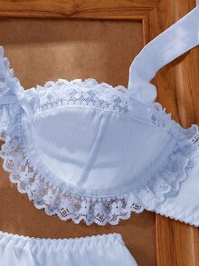 SHEIN 4pcs White Lace Patchwork Sexy Lingerie Set - Baby Blue - View 3
