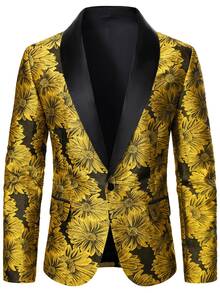 Calvornis Men's Floral Pattern Casual Commute Travel Blazer Jacket - Yellow - View 4
