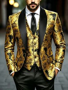 Calvornis Men's Floral Pattern Casual Commute Travel Blazer Jacket - Yellow - View 3