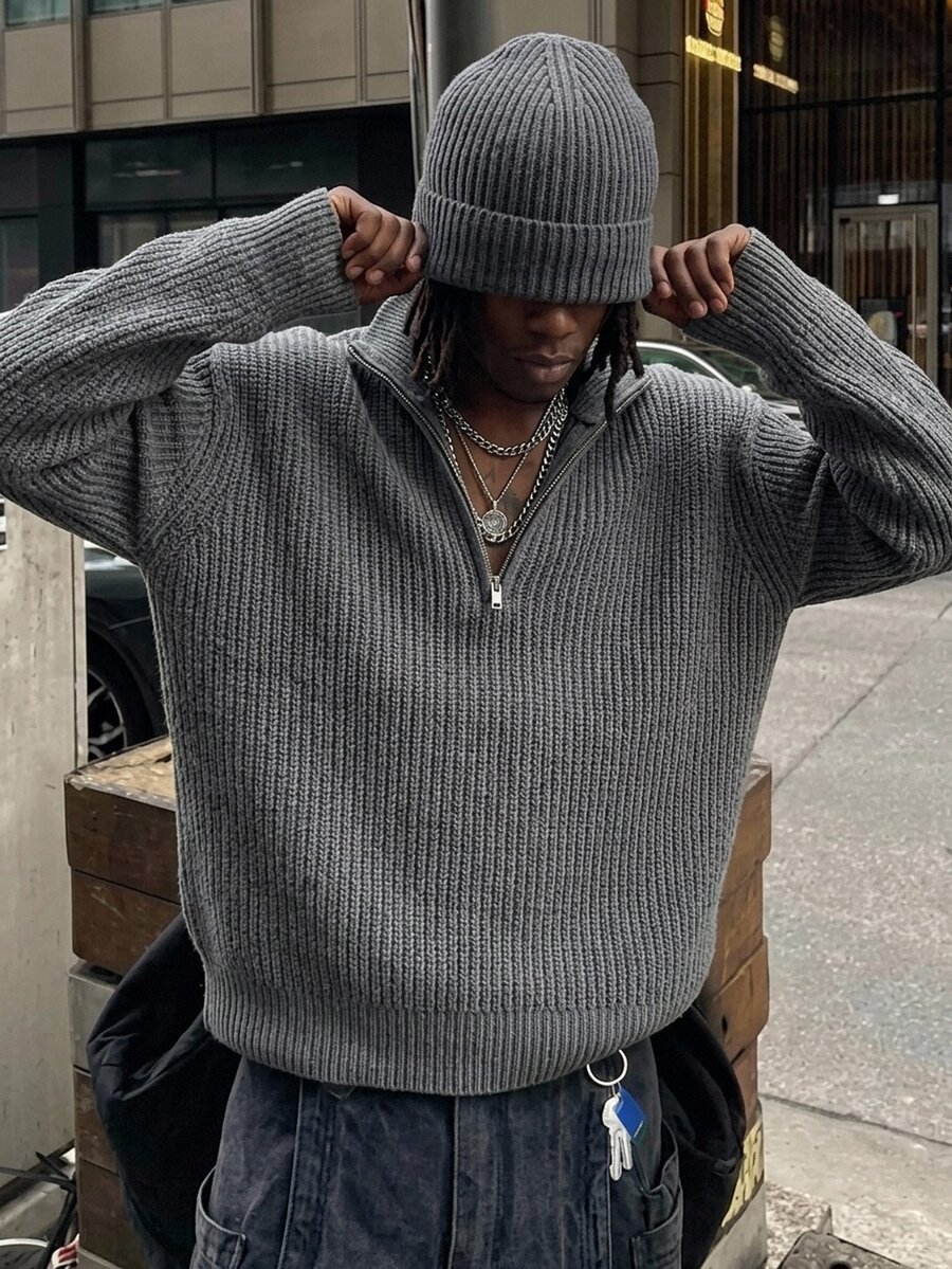 NEOSTRIT Autumn/Winter New Men's Half-Zip Pullover Long Sleeve Ribbed Solid Color Sweater Comfortable For Daily Outings Club Holiday Grey Modest Casual - Grey - View 1