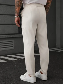 SLATEMANN Men's Solid Color Drawstring Waist Casual Daily Long Pants - Beige - View 2