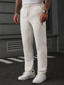 SLATEMANN Men's Solid Color Drawstring Waist Casual Daily Long Pants - Beige - View 4