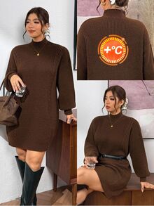 Lounesse Plus Size Casual Solid Color Knit Dress, Autumn/Winter - Brown - View 8