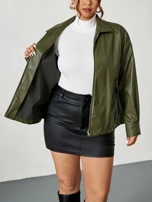 Firerie Plus Size Solid Color Zip-Up Casual Smart Casual Versatile Long Sleeve Jacket Autumn Winter For Women Army Green - Green - View 12