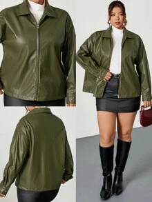 Firerie Plus Size Solid Color Zip-Up Casual Smart Casual Versatile Long Sleeve Jacket Autumn Winter For Women Army Green - Green - View 9